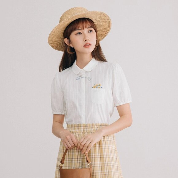 INMAN Floral Puff-Sleeve Cutton Blouse with Ruffled Collar - Picture 6 of 8